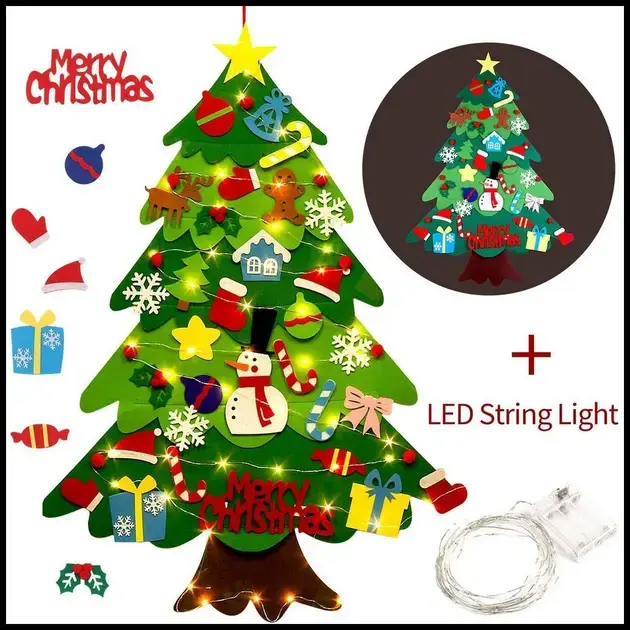 3.2ft Árvore De Natal De Feltro DIY Parede Pendurado 32 Pcs Enfeites 50 Luzes LEDs Corda Decoração Para Crianças