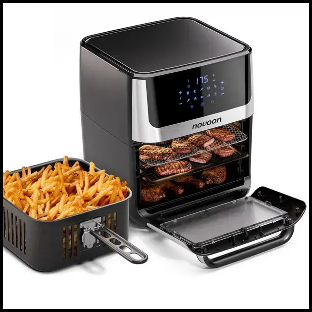Air Fryer Digital Novoon 12L - Fritadeira Elétrica Sem Óleo Preta Inox com Tampa de Vidro 127v/220v