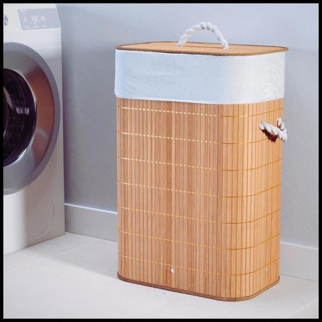 Cesto De Roupa Suja Bambu 72 Litros Lavanderia Com Tampa e Alças Forrado Grande Organizador Banheiro