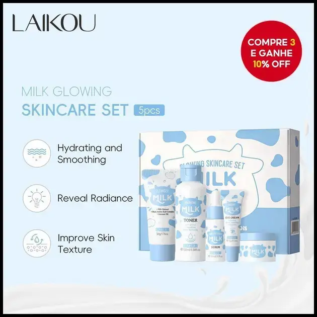 Conjunto Laikou Milk Glowing Skincare 5 Peças: Serum Nutritivo, Hidratante Tonalizante E Tônico Para radiância