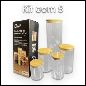 Conjunto de Potes Herméticos com Tampa de Bambu - 5 peças