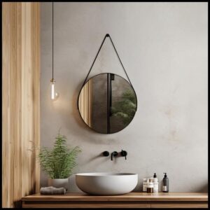 Espelho Redondo Adnet 30cm Com Alça + Suporte e Pendurador Ideal Para Sala / Banheiro / Quarto