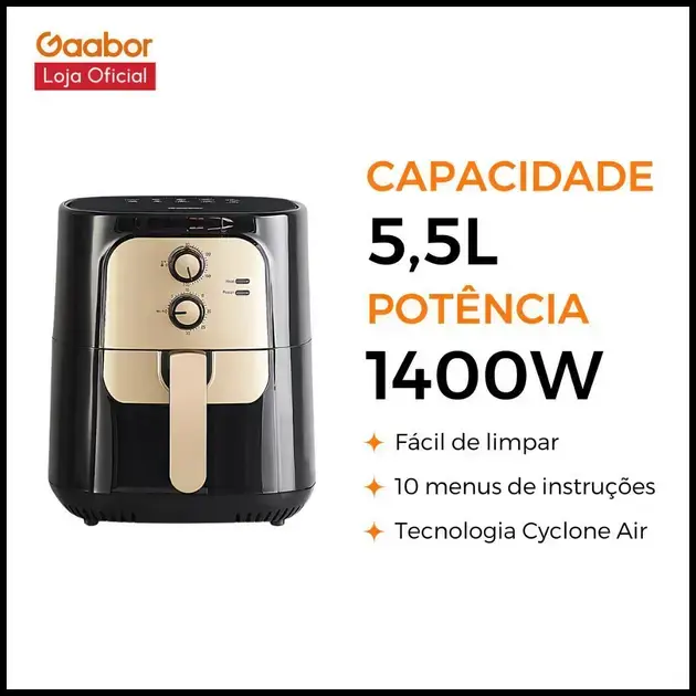 Fritadeira Elétrica Sem Óleo Air Fryer 5.5L Gaabor Jumbo Family 1400w 127V ou 220V Vintage