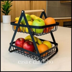 Fruteira de Mesa 2 Andares Ferro e Bambu para Café da Manhã Multiuso de Metal Preto Cesto Organizdor