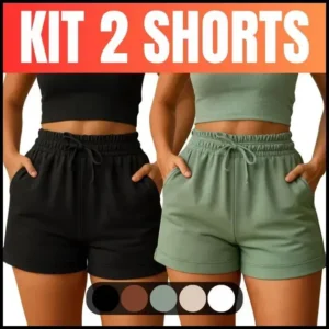 KIT 2 Short Moletom Feminino Algodão com Bolso Cintura Alta Verde Preto Marrom Bege Branco