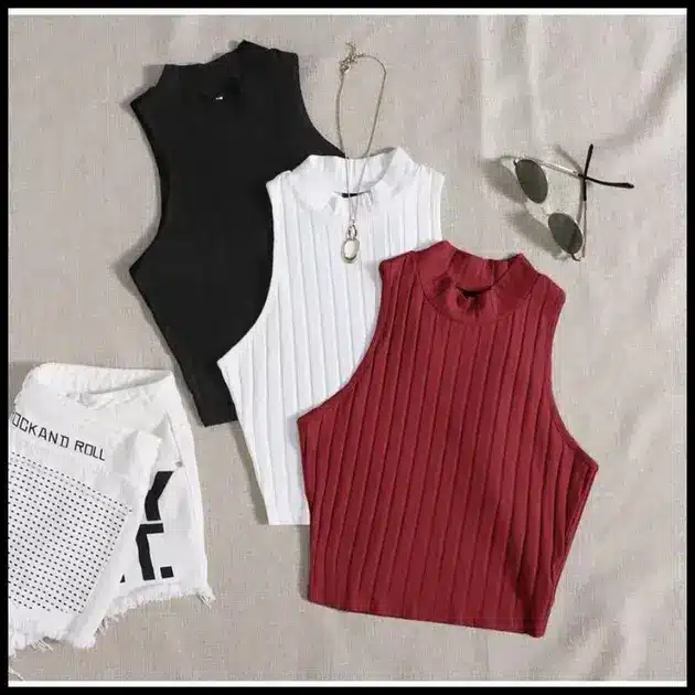 KIT 3 Cropped Gola Alta Canelado Sem Manga Verão Praia