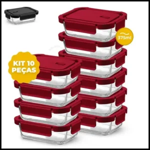 Kit 10 ou 5 Potes Vidro 4 Travas 375ml Hermético Retangular Marmita Premium