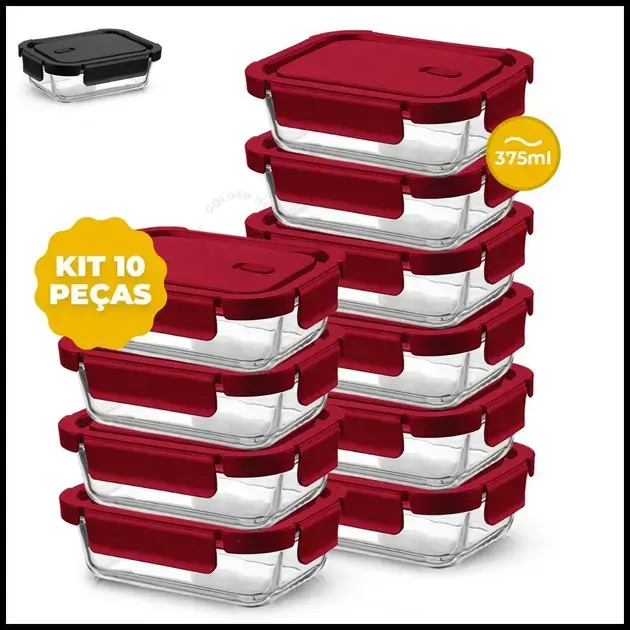 Kit 10 ou 5 Potes Vidro 4 Travas 375ml Hermético Retangular Marmita Premium