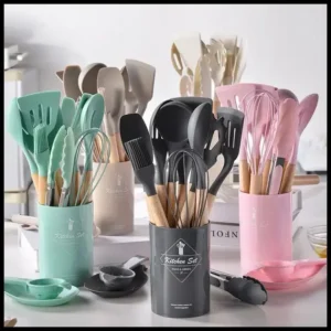Kit 12 Peças Utensílios Cozinha Silicone Cabo Madeira decoração elegante livre BPA premium chef