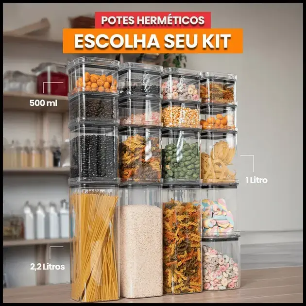 Kit 17 Potes Herméticos Com Tampa Quadrados Empilháveis Acrílico