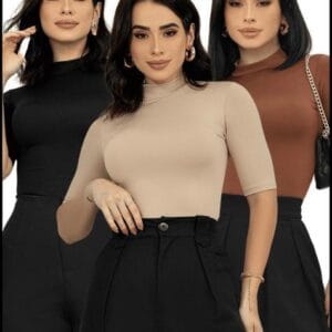 Kit 3 Blusa Gola Alta Madri Manga T-shirt Feminina Elegante Casual Trabalho Viagem