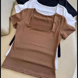 Kit 3 Blusas Basica Suplex Decote Quadrado Manga Curta Forrada