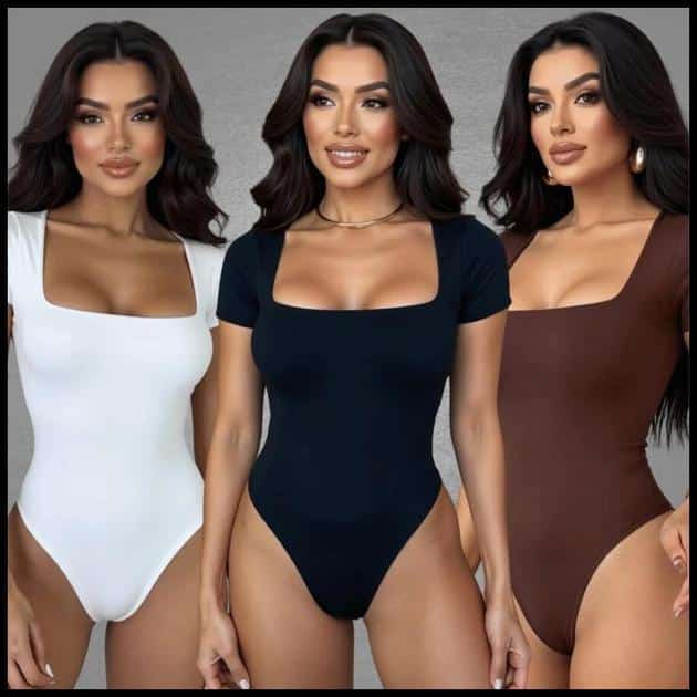 Kit 3 Body Feminino Decote Quadrado Manga Curta