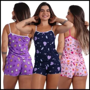 Kit 3 Conjuntos Baby Doll Short Doll Sem Bojo Estampas Variadas