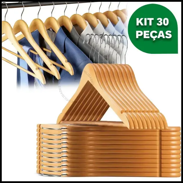Kit 30 Cabides De Madeira Premium Marfim Para Roupas Calça Gancho Cromado
