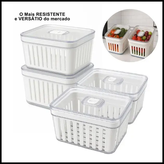 Kit 4 Organizador de Geladeira 3.8 Litros Cesto Com Tampa Multiuso Alimentos Verduras e Vegetais