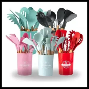 Kit 5/12 Jogo de Cozinha Silicone, Utensílios Suporte para Cozinheiro Cabo de Madeira MasterChef