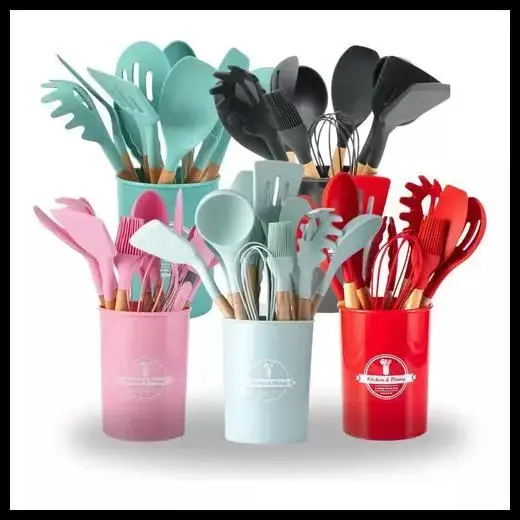 Kit 5/12 Jogo de Cozinha Silicone, Utensílios Suporte para Cozinheiro Cabo de Madeira MasterChef
