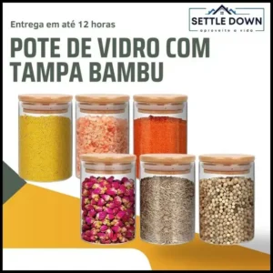 Kit 6 potes de vidro com tampa de bambu herméticos redondos 200ml