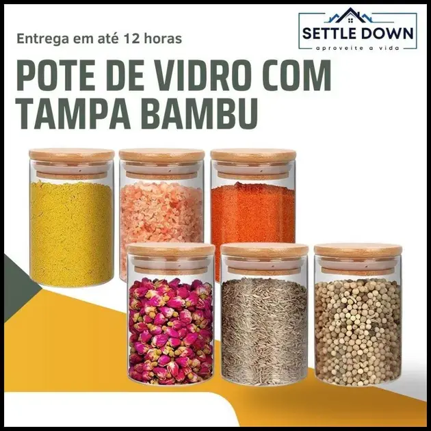 Kit 6 potes de vidro com tampa de bambu herméticos redondos 200ml