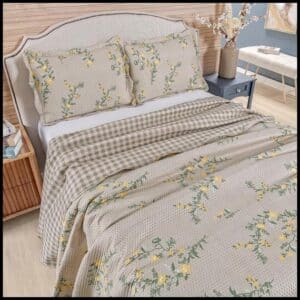 Kit Cobre Leito Colcha King Bouti 3 Peças Dupla Face Estampada Porta Travesseiro Aba Americana