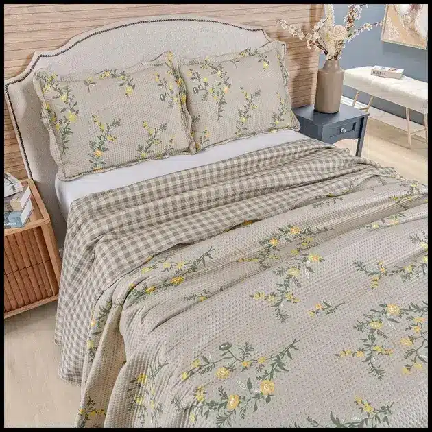 Kit Cobre Leito Colcha King Bouti 3 Peças Dupla Face Estampada Porta Travesseiro Aba Americana