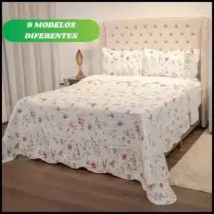 Kit Colcha Cobre Leito Casal Queen King 3 Peças Estampada Florida Matelado Boutis Percal Cama Box