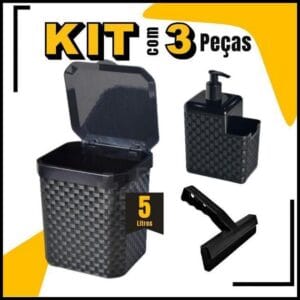 Kit Lixeira Pia 5 Litros + Porta Detergente Sabão + Rodinho de Pia Kit Cozinha 3 Peças