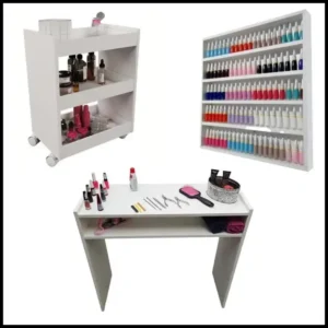 Kit Para Manicure Com Mesa + Prateleira de Esmaltes + Carrinho Auxiliar com 3 Bandejas e Rodinhas MDF