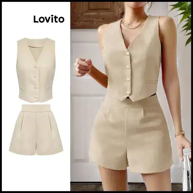 Lovito Conjuntos De Shorts Elegantes Com Botões Lisos E Bolsos Frontais Para Mulheres L74ED069