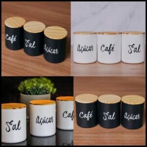 Pote Porta Mantimentos Armazenamento Café Açucar Sal Unidade Tampa de Madeira Condimentos