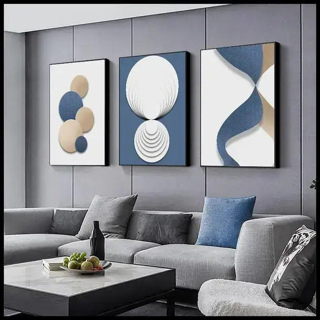 Quadro decorativo 3 peças 40x60 Abstrato moderno azul branco ouro geométrico decoração para casa sala quarto hall