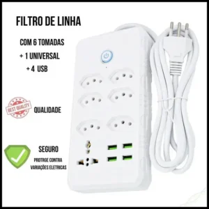 Régua Filtro de Linha com 7 Tomadas Extensão Elétrica 1 Universal 4 USB Bivolt 10A 110v/220v Cabo de 2 Metros Seguro e confiável