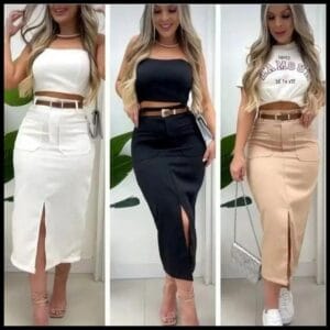 Saia Midi Alfaiataria Com Cinto E Bolsos PROMOÇÃO P ao GG