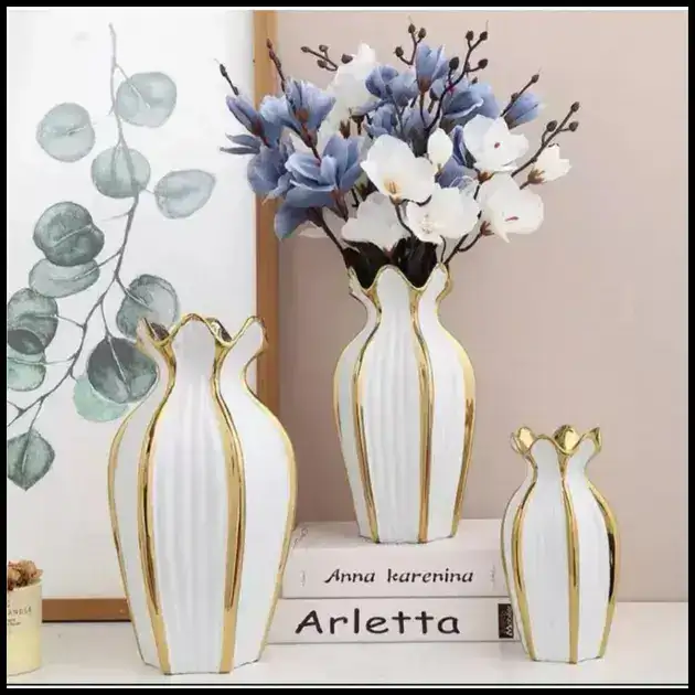 Vaso De Porcelana Luxo Para Plantas Com Listras Douradas