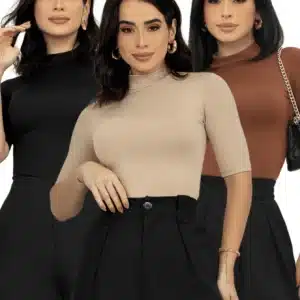 Kit 3 Blusa Gola Alta Madri Manga Feminina