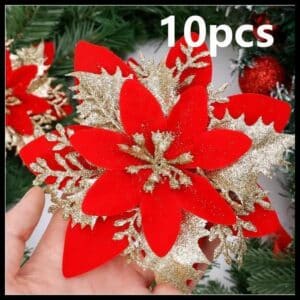 10 Pçs Flores Artificiais De Natal DIY Glitter Buquê De Flor De Seda Falsa Com Clipe Poinsétia Decoração De Festa De Ano