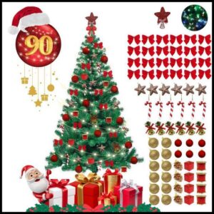 Arvore De Natal 150cm Verde 220 Galhos Cheia + 90 Enfeites e Pisca 110V ou 220V Decoração Completa