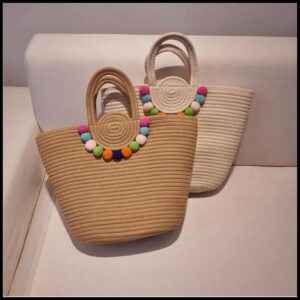 Bolsa de Praia com Bolinhas feminina Bolsa De Praia e Passeio De Alça De Mão e Fecho De Zíper Com Pompom