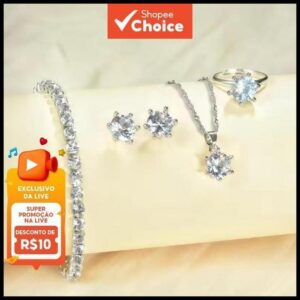 Conjunto De Joias De Pérola Elegante Para Mulheres Colar Brincos Pulseira Anel 4 Peças (Apenas Prata)
