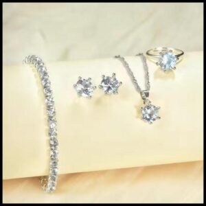 Conjunto De Joias De Pérola Elegante Para Mulheres Colar Brincos Pulseira Anel 4 Peças (Apenas Prata)