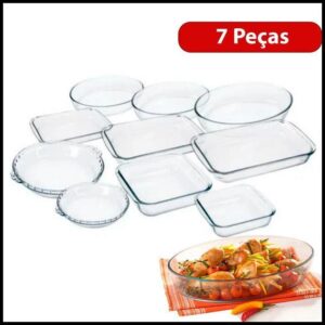 Conjunto Marinex Jogo de Travessas 7 peças Variadas em Vidro Temperado próprias P/ Forno