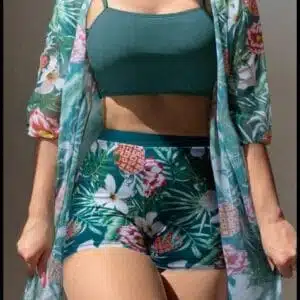 Conjunto de Maiô Bikini Feminino com Estampa de Plantas Tropicais para o Verão, com Shorts Quadrados Produzindo Combinando e Kimono Half Sleeve de Encobrimento