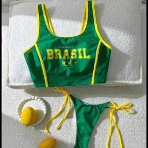 Conjunto de Maiô biquini Casual de Férias com Estampa de Letras do Brasil
