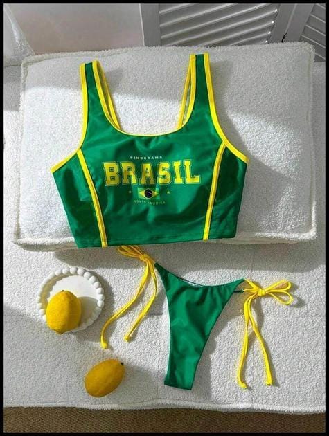 Conjunto de Maiô biquini Casual de Férias com Estampa de Letras do Brasil