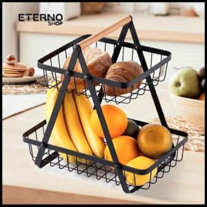 Fruteira de Mesa Aramada Metal 2 Andares Preta Cesta Organizador de Frutas e Legumes para Cozinha