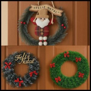 Guirlanda De Natal Enfeite Com Laço Vermelho Para Porta Nevada Papai Noel