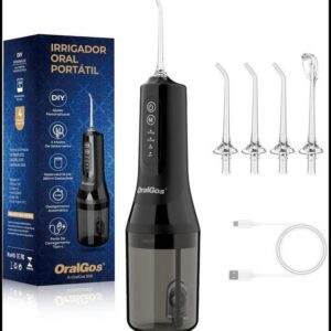 Irrigador Dental Portatil 300ML, 4 Modos de Jato, 4 Bicos, Limpeza Profunda dos Dentes e Gengivas, Elétrico, Recarregável, À Prova d’Água IPX7