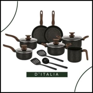 Jogo de Panelas Antiaderente 10 Peças Bianco D'Itália Cabo Marrom - Tampa de Vidro e Utensílios