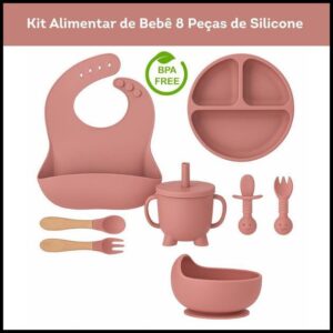 Kit 6/8 Peças Introdução Alimentar Silicone Bebê Talheres Babador Prato Ventosa Colher Garfo